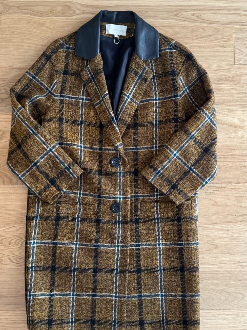 Vanessa Bruno Brown Plaid Coat with Black Leather Collar